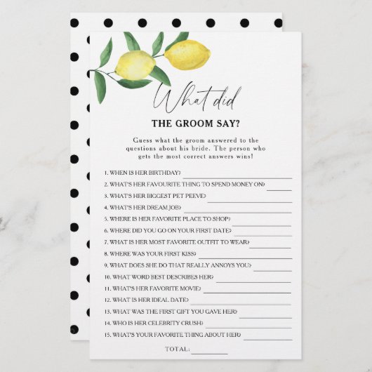 柑橘類レモン – 新郎は何と言ったブライダルゲーム (正面/裏面)