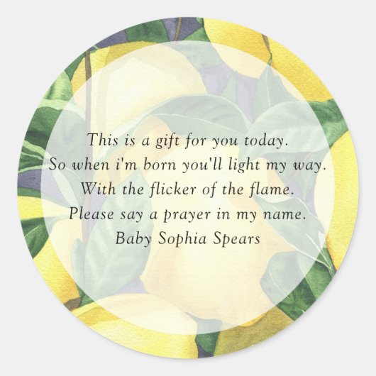 柑橘類レモン – 祈りの言葉キャンドルラベル ラウンドシール (正面)