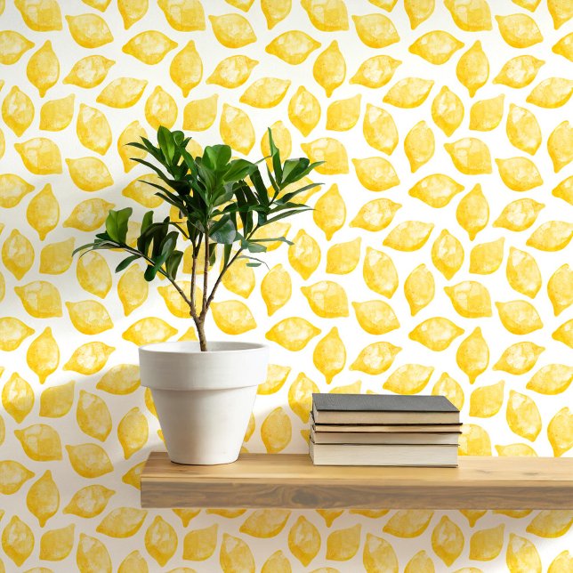 柑橘類レモ地中海のンイエローホワイトウォーター 壁紙 (Mediterranean citrus lemon watercolor peel and stick art wallpaper)