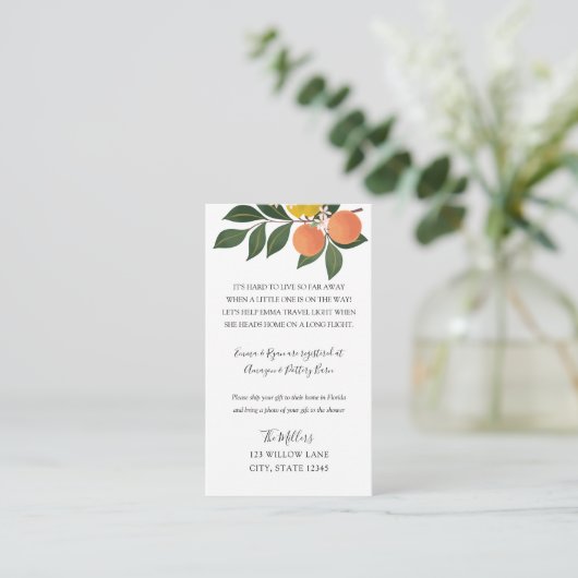 柑橘類ロングディスタンス赤ちゃんシャワーインサート エンクロージャーカード (スタンド正面)