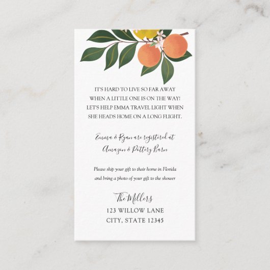 柑橘類ロングディスタンス赤ちゃんシャワーインサート エンクロージャーカード (正面)