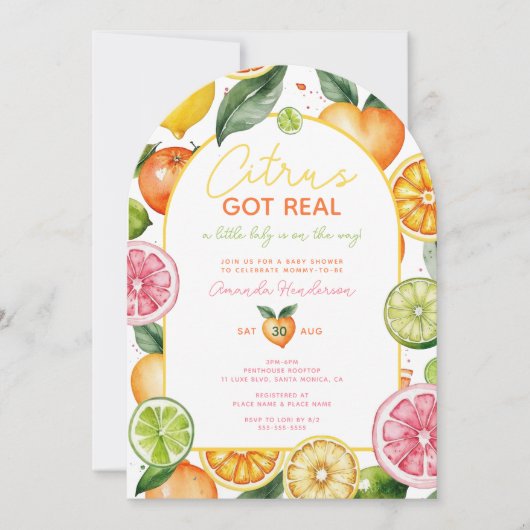 柑橘類得実在水の色のフルーツ赤ちゃんシャワー 招待状 (正面)