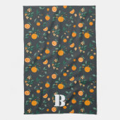 柑橘類開花オレンジ&ベージュボタニカル キッチンタオル (縦)