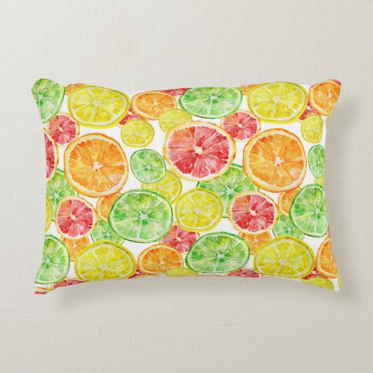 柑橘類鮮やか：三色水彩模様 アクセントクッション (正面)