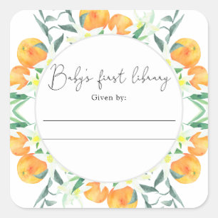 柑橘類 – ベビーシャワー蔵書票、ベビー用の本 スクエアシール