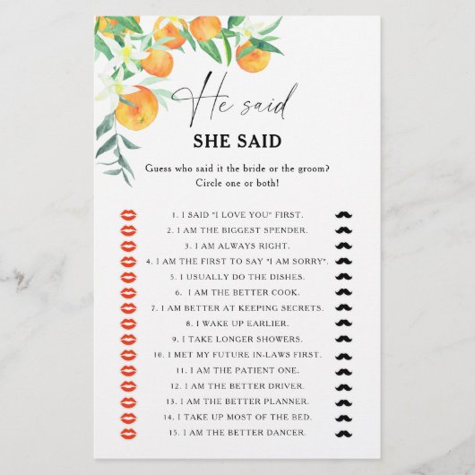 柑橘類 – 彼は彼女はブライダルシャワーゲームと言った (正面)