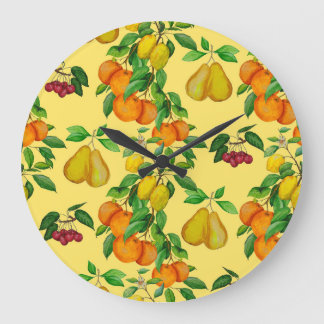 柑橘類、梨、さくらんぼ：水彩プリント。 ラージ壁時計
