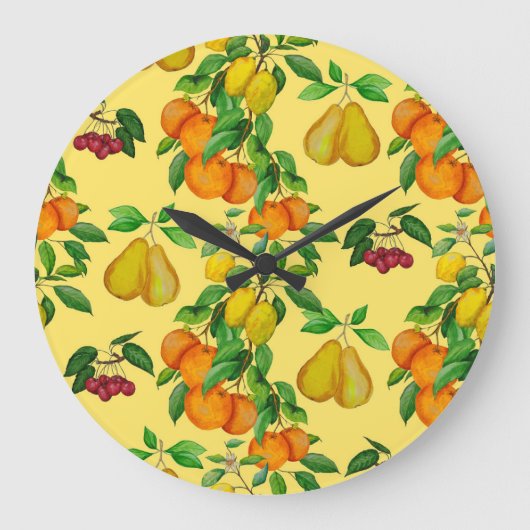 柑橘類、梨、さくらんぼ：水彩プリント。 ラージ壁時計 (正面)