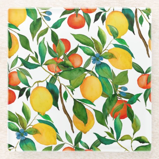 柑橘類、鮮やか水彩模様。 ガラスコースター (正面)