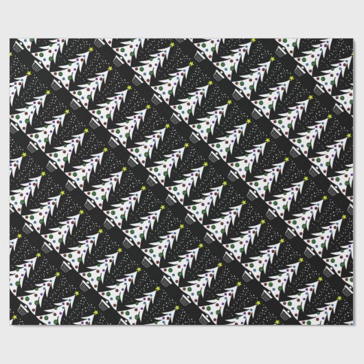 染められたオーナメントが付いているヴィンテージB/Wのクリスマスツリー ラッピングペーパー (フラット)