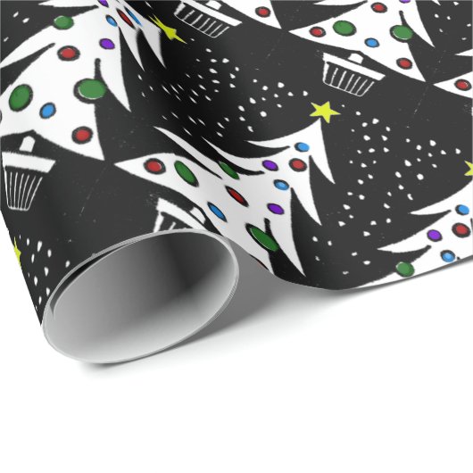 染められたオーナメントが付いているヴィンテージB/Wのクリスマスツリー ラッピングペーパー (ロールコーナー)