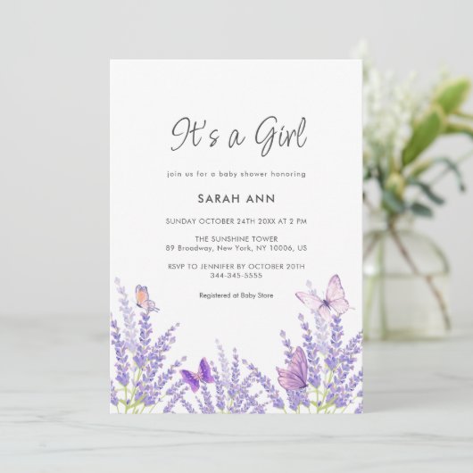 柔お洒落らかいラベンダーバタフライベビーシャワー 招待状 (スタンド正面)