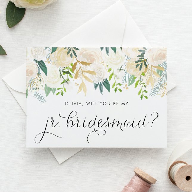 柔らかいアイボリーの花が私のJrの花嫁になる (Will you be my junior bridesmaid? Floral Jr. Bridesmaid Proposal Card featuring soft ivory flowers.)