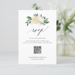 柔らかいアイボリーの花と結婚緑のQRコード 出欠カード