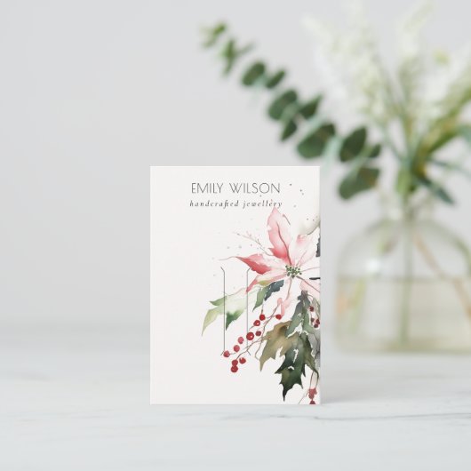 柔らかいクリスマスベリーポインセチアのヘアピンディスプレイ 名刺 (スタンド正面)