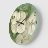 柔らかいクリーム色の白いパステル調のアジサイの花柄 ラージ壁時計 (傾斜)