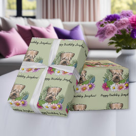 柔らかいコーティングされたウィートテリア花の誕生日緑 ラッピングペーパー