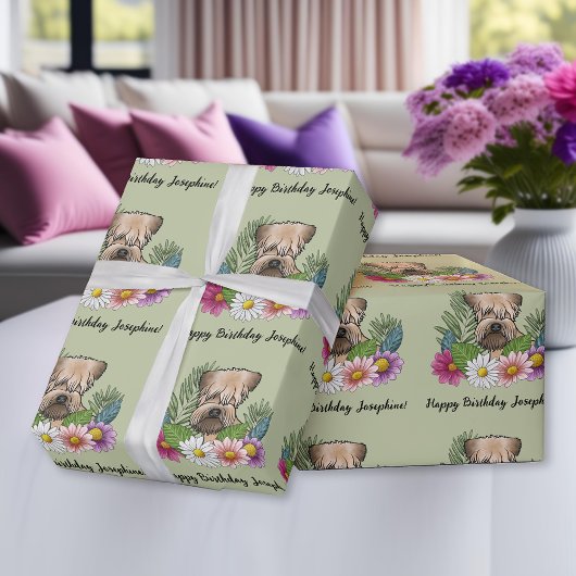 柔らかいコーティングされたウィートテリア花の誕生日緑 ラッピングペーパー