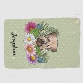 柔らかいコーティングされたホエトーテリアカラフルの花が緑 ゴルフタオル (横)