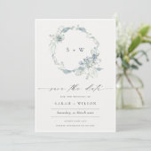 柔らかいダスキーブルーフローラリース日付カードを保存 サンキューカード (スタンド正面)