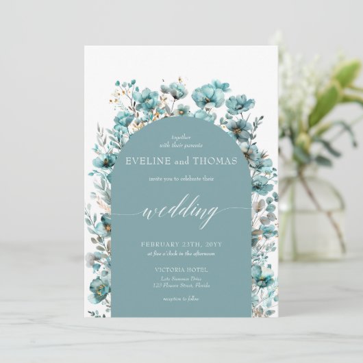 柔らかいパステルグリーンのミニマルターコイズ野花 招待状 (スタンド正面)
