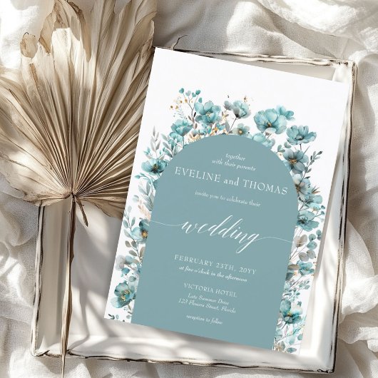 柔らかいパステルグリーンのミニマルターコイズ野花 招待状