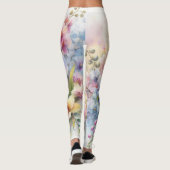 柔らかいパステル色の水色の花 レギンス (裏面)