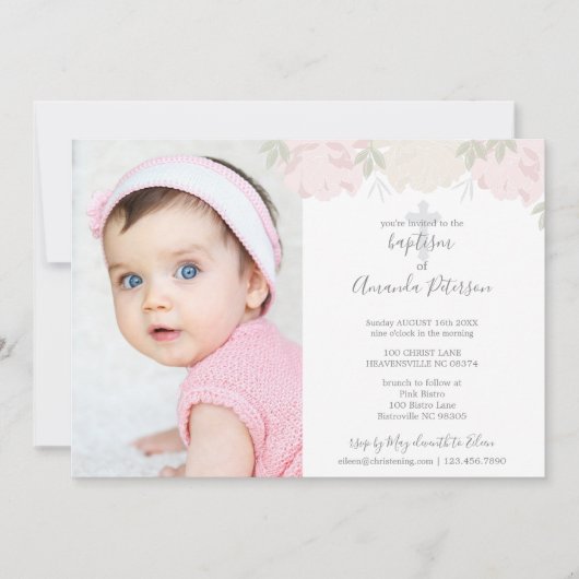 柔らかいパステル調ピンクのシャクヤクの十字の女の子の洗礼 招待状 (正面)