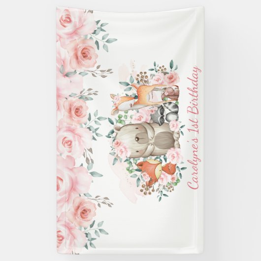 柔らかいパステル調ピンクの花の森林動物の誕生日 横断幕 (縦)
