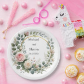 柔らかいピンクと白いバラの水色リース ペーパープレート (パーティー)