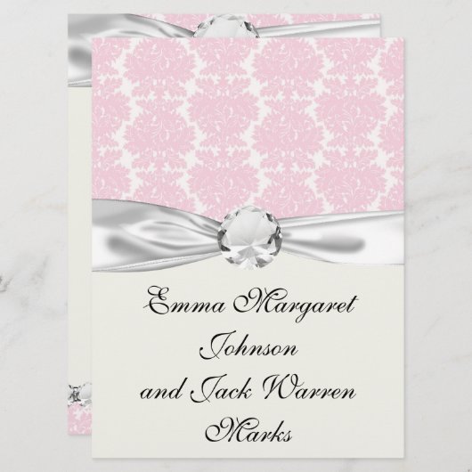 柔らかいピンクと白い花模様のダマスクパターン 招待状 (正面/裏面)