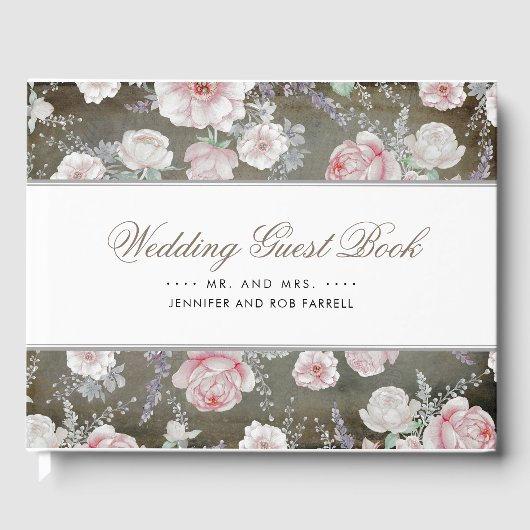 柔らかいピンクと白のフローラヴィンテージシャビー結婚ズ ゲストブック (正面)