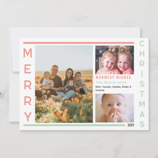 柔らかいピンクと緑のミニマリストのフォトコラージュ シーズンカード (正面)