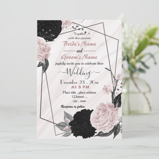 柔らかいピンクと黒のフローラ幾何結婚的 招待状 (スタンド正面)