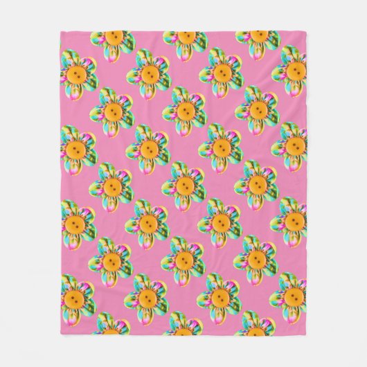 柔らかいピンクにピンク、紫、黄色の花 フリースブランケット (正面)
