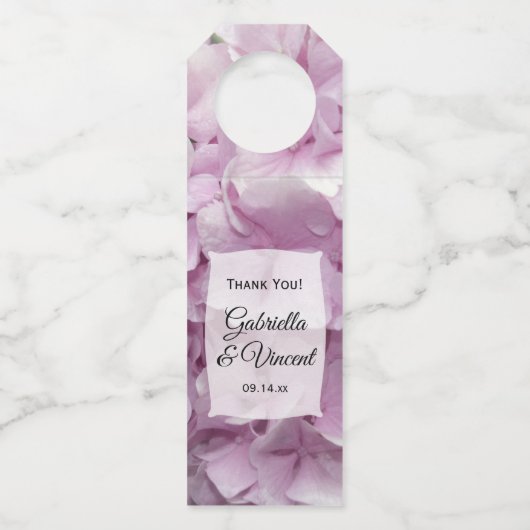 柔らかいピンクのあじさい結婚花 ボトルネックタグ (正面)