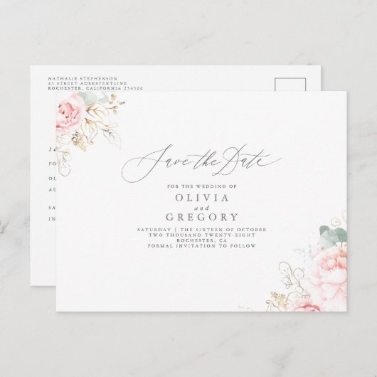 柔らかいピンクのエレガント花が日付を保存 案内ポストカード (正面/裏面)