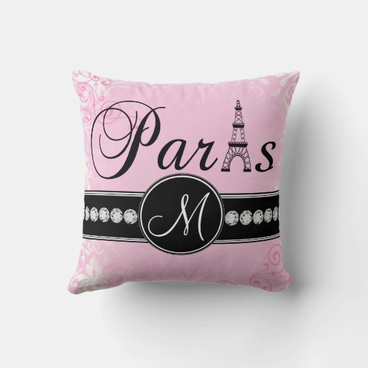 柔らかいピンクのダマスク織の黒のパリのモノグラムの枕 クッション (裏面)