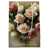 柔らかいピンクのバラのハートブーケバレンタイン ミディアムペーパーバッグ (裏面)