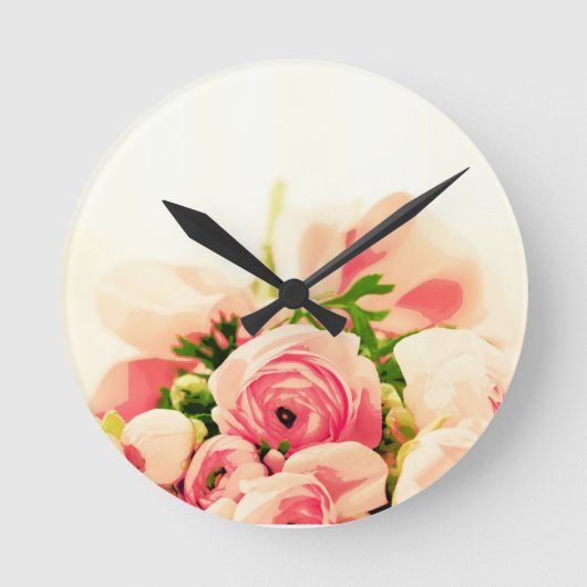 柔らかいピンクのバラ! ラウンド壁時計 (正面)