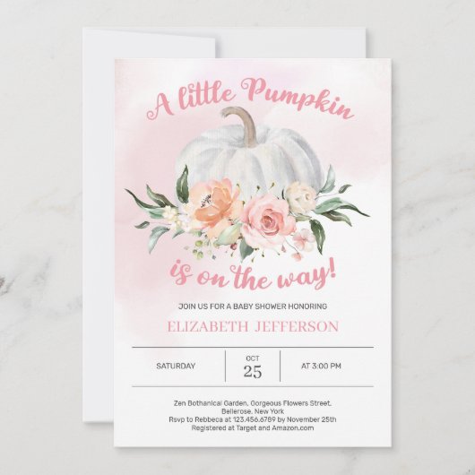 柔らかいピンクのフローラ小さなかぼちゃの赤ちゃんシャワー 招待状 (正面)