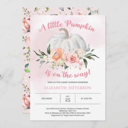 柔らかいピンクのフローラ小さなかぼちゃの赤ちゃんシャワー 招待状 (正面/裏面)