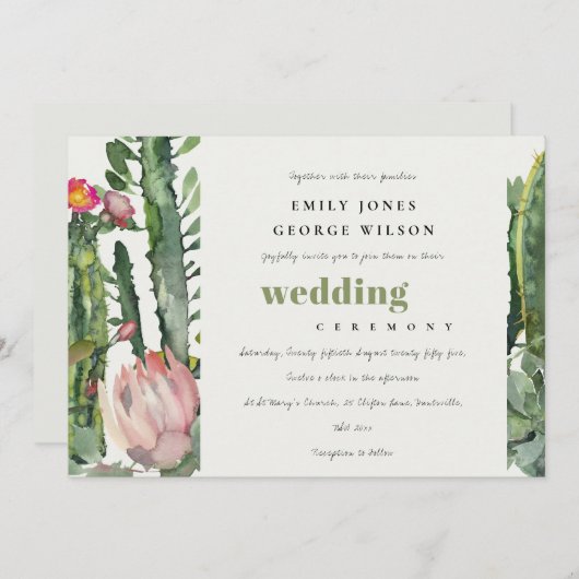 柔らかいピンクのフローラ砂漠のサボテンの水の結婚色の 招待状 (正面/裏面)