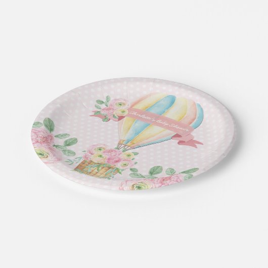 柔らかいピンクの冒険の熱気の気球の女の子のシャワー ペーパープレート (アングル)