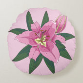 柔らかいピンクの咲くユリ丸い枕 ラウンドクッション (正面)