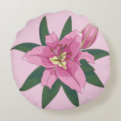 柔らかいピンクの咲くユリ丸い枕 ラウンドクッション (裏面)