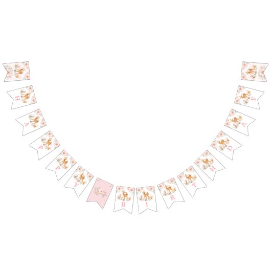 柔らかいピンクの女の子の森林動物の花柄の誕生日 バンティングフラッグ (全)