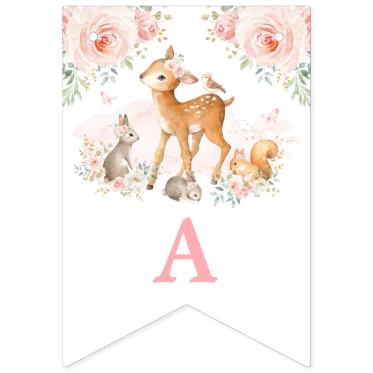 柔らかいピンクの女の子の森林動物の花柄の誕生日 バンティングフラッグ (第3の旗)