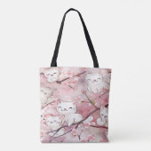 柔らかいピンクの桜の花かわいい猫の柄 トートバッグ (裏面)
