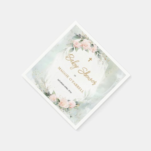 柔らかいピンクの水の色の花とクロス赤ちゃんシャワー スタンダードカクテルナプキン (角)